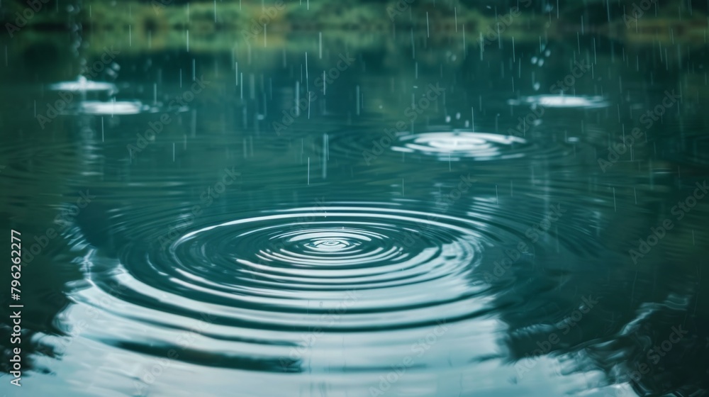 Poster Raindrops falling on a tranquil lake, creating concentric circles that ripple outwards into the calm water.