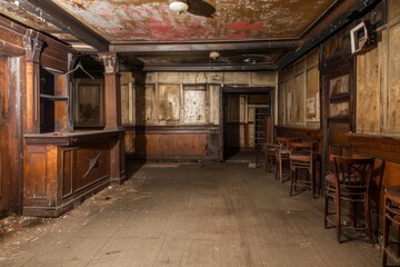 A deserted speakeasy with secret entrances and hidden alcoves, frozen in time from the prohibition era, Generative AI