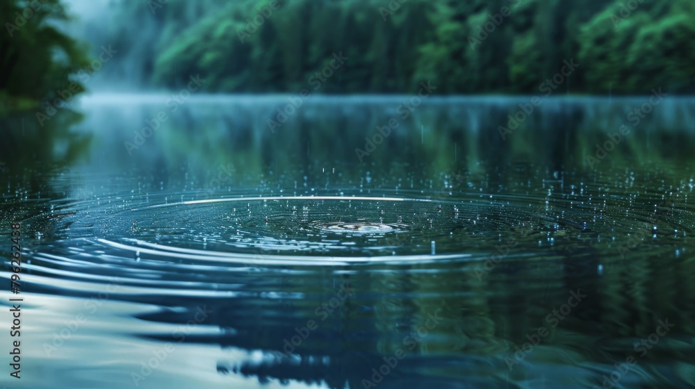 Aufkleber raindrops falling on a tranquil lake, creating concentric circles that ripple outwards into the calm