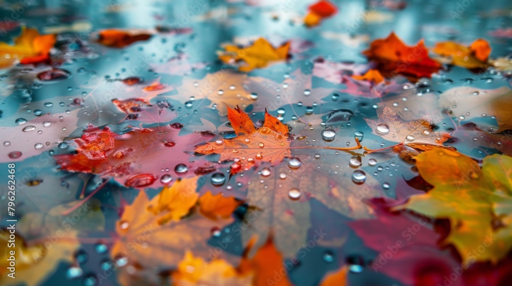 Poster raindrops falling on colorful autumn leaves, creating a shimmering mosaic of nature's palette under 