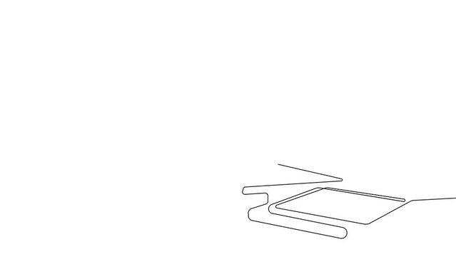 A white line is creating a rectangle on a white canvas, displaying symmetry and a geometric pattern. The shape resembles a logo with sharp angles and parallel lines