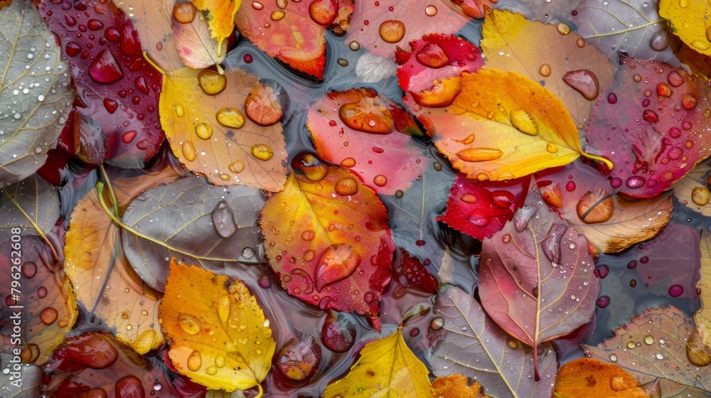 Aufkleber raindrops falling on colorful autumn leaves, creating a shimmering mosaic of nature's palette under 