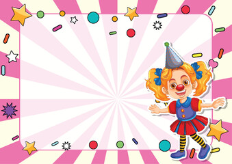 Cheerful clown with colorful background and festive elements.