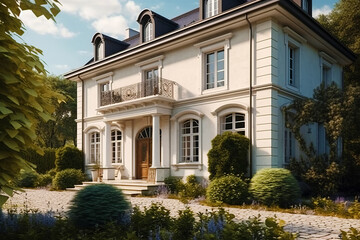 Rich house in classic European architectural style with balcony above the porch.