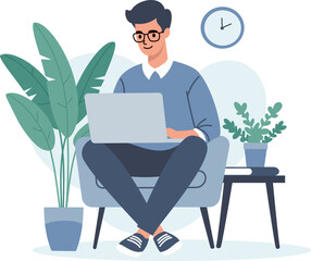 Flat vector illustration. Young man working at home at the computer. Concept of work from home and remote work . Vector illustration