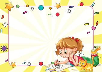 Young girl drawing, playful cat assisting her