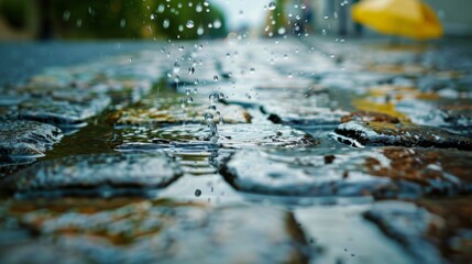Fototapeta premium Raindrops splashing into puddles on a cobblestone street, the urban landscape transformed into a glistening wonderland by the magic of the rainy season.