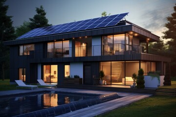 Solar panels on the roof of the modern house. Renewable energy, ecology, environment concept.