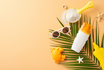 Flat lay of summer beach essentials including sunglasses, sunscreen, and toys arranged on a palm...