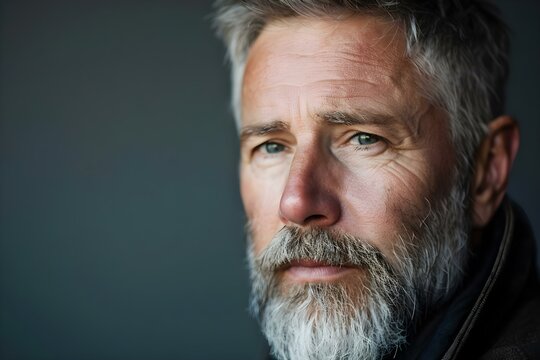 Portrait of a Mature Caucasian Man with Grey Hair and Beard Displaying a Serious Expression. Concept Portrait Photography, Mature Man, Grey Hair, Beard, Serious Expression