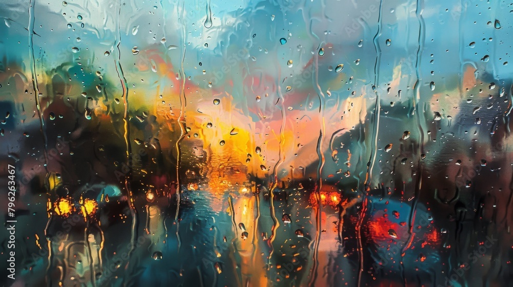 Aufkleber raindrops streaming down a windowpane, distorting the view outside into a dreamy and abstract painti
