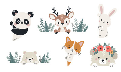 Set of flat vector illustrations in children's style. Cute animals peeking out from behind banners, space for your text. Bear dog dog hare hare deer cat panda. Vector illustration
