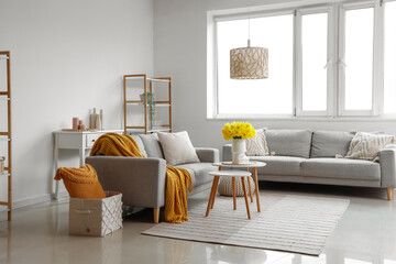 Interior of beautiful living room with grey sofas, bouquet of narcissus flowers and coffee table