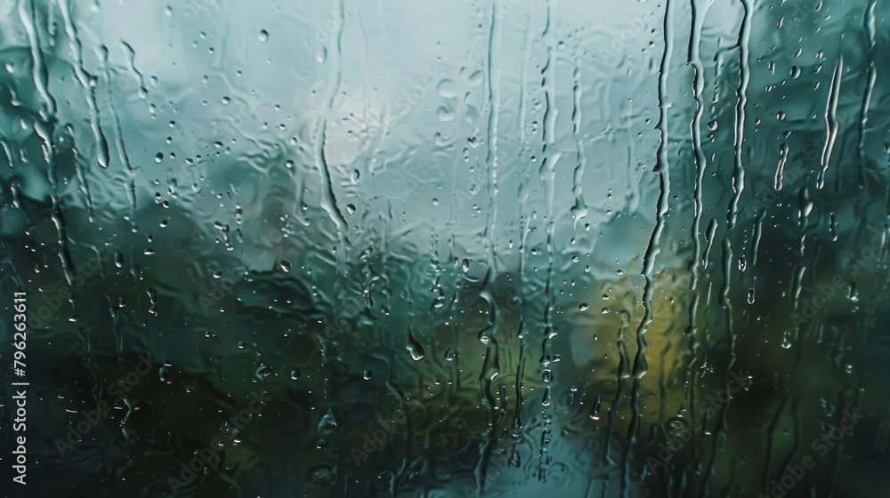 Aufkleber Raindrops streaming down a windowpane, distorting the view outside into a dreamy and abstract painting of the world beyond.