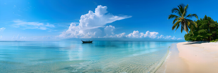 Panoramic View of a Pristine Tropical Beach with a Lonely Boat in the Distance