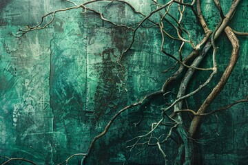 Vibrant emerald tendrils intertwining with weathered, textured surfaces in a stylish green grunge tableau.