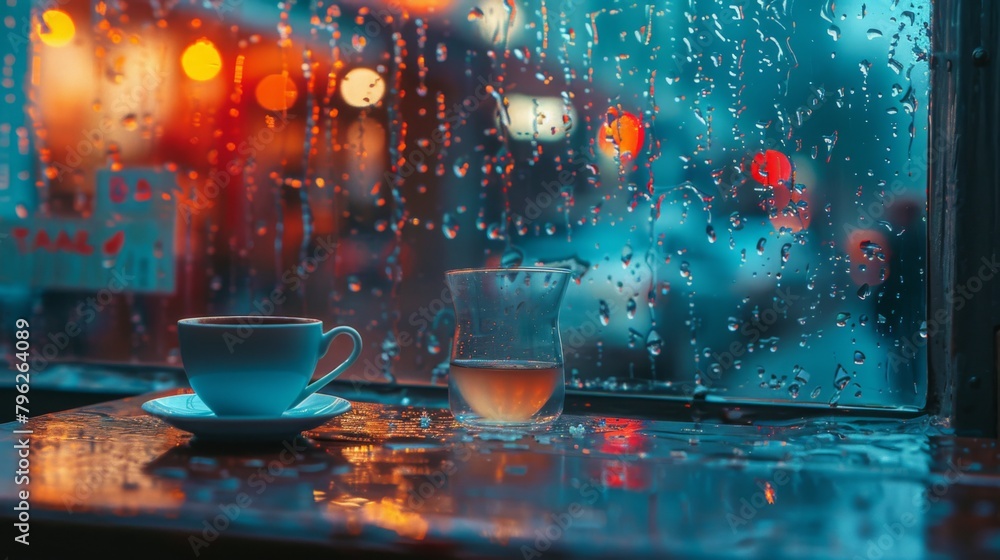 Poster raindrops trickling down the windowpane of a cozy cafe, creating a soothing backdrop for patrons to 