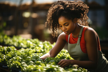 Side view of , happy woman, a gardener, is growing lettuce in a greenhouse