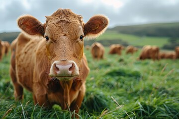 Focused image of a brown cow grazing in the middle of a lush green pasture with herd in the background - obrazy, fototapety, plakaty