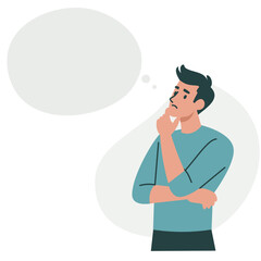 Flat vector illustration. Young man thinking about something, pensive pose. Speech bubble and space for your text . Vector illustration