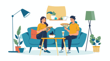 Young woman and man sitting on sofa and eating pizza