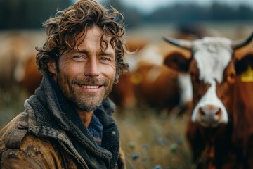 Close-up portrait of cowboy with curly hair, outdoors with a herd of cows in the blurry background - Powered by Adobe