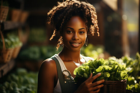 A young, happy woman, a gardener, is growing lettuce in a greenhouse.