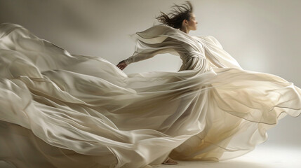 Couture fashion pieces with flowing fabrics captured in a dynamic, windswept moment.