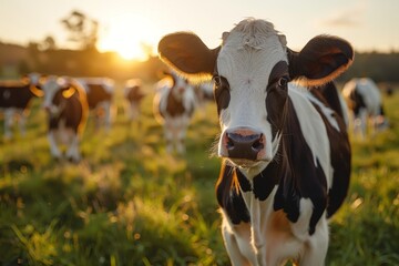 A close-up shot of a cow's face with a herd in the background during the golden hour of sunset