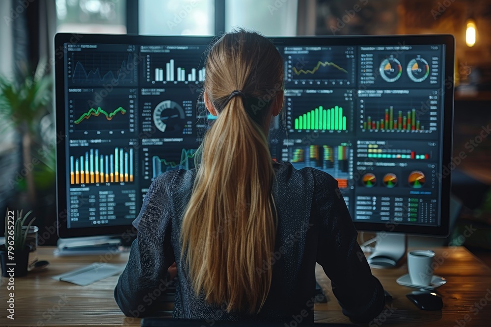 Aufkleber a focused financial expert works with analytical graphs and charts on a sophisticated multi-monitor 