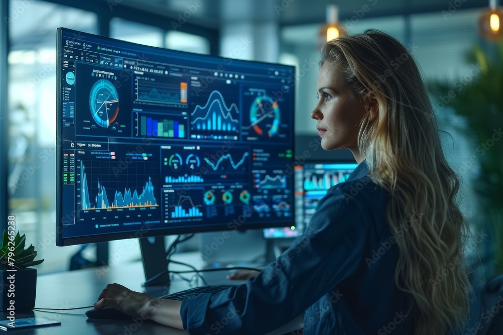 Poster a professional setup of multiple monitors displays waves of stock market graphs, with a woman analyz