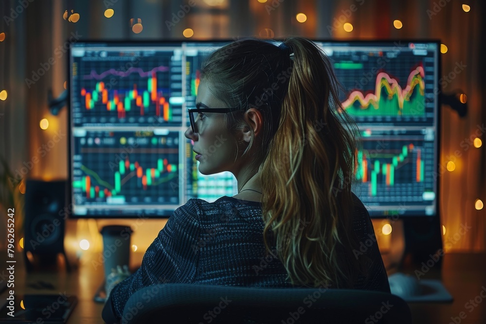 Poster a female stock trader is focused on analyzing multiple real-time stock market graphs and trends on c