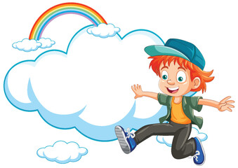Happy cartoon boy sitting on cloud with rainbow.