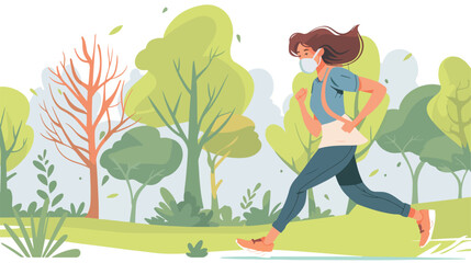 Young woman in a medical mask runs through the park.