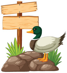 Cartoon duck standing next to a blank sign.