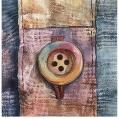 Detailed close-up of a single shirt button, watercolor, soft, subtle shading, simple setting, padding margins - obrazy, fototapety, plakaty