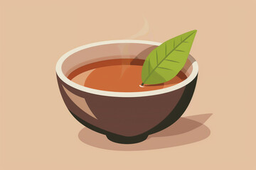 Hojicha tea, leaf detail, elegantly presented, soft focus, ambient warmth, flat vector icon style character illustration