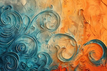 Swirling patterns of vibrant orange and calming blue, intertwining against a textured background, evoking a sense of depth and movement.