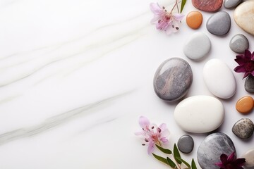 Spa stones with flowers on marble