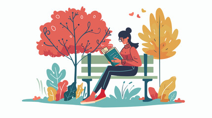 Young woman relaxing on bench reading book at park. Vector