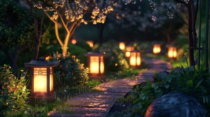 Softly glowing lanterns lining a pathway through a garden, guiding the way and creating a magical ambiance for evening strolls under the moonlight.