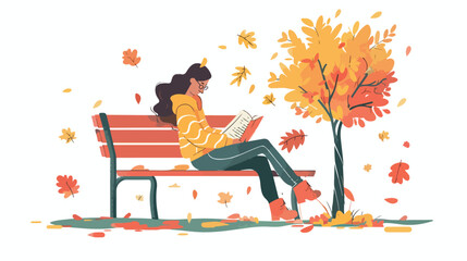 Young woman relaxing on bench reading book at park. Vector