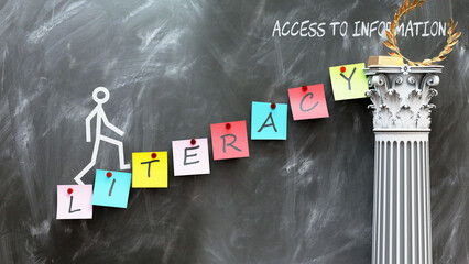 Literacy leads to Access To Information - a metaphor showing how literacy makes the way to reach desired access to information. Symbolizes the importance of literacy. ,3d illustration