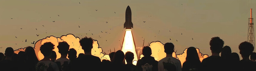 A group of people are watching a rocket launch.