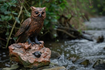 Statue of an owl sitting on a rock, suitable for various projects