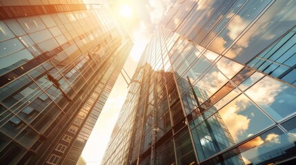 Sunlight dances off the glass facade of a towering riverside skyscraper, radiating warmth and sophistication across the urban landscape.