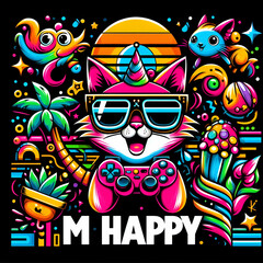 Ai generates a funny design of an gamer cat with vibrant color and a text says "I M Happy"