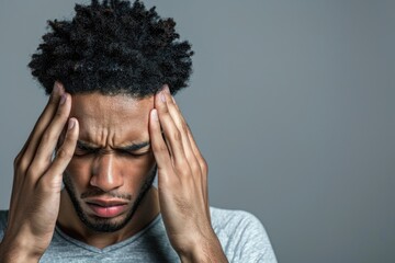 A man looking stressed while holding his head in his hands. Suitable for concepts related to stress and mental health