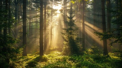 Sunlight filtering through the branches of a dense forest at dawn, creating a magical woodland scene