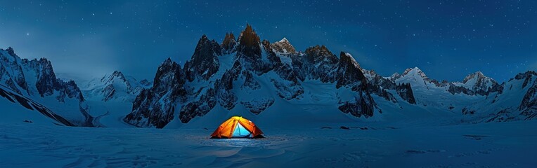 A tent is pitched up in the snow with towering mountains in the background